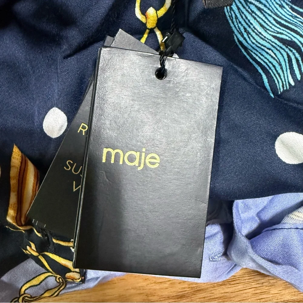 Maje Cechaine Satin Effect Button Up Blue Rope Chain Printed Blouse NEW US 6 - Picture 10 of 11